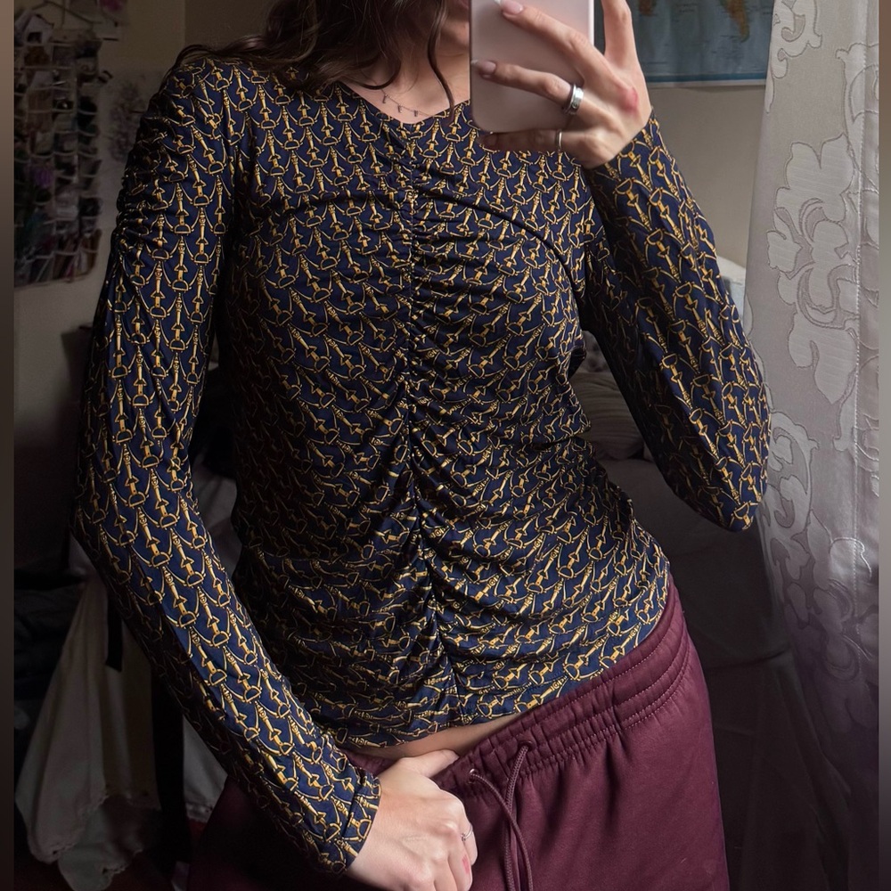 Veronica Beard Navy and Gold Ruched Long-Sleeve Blouse